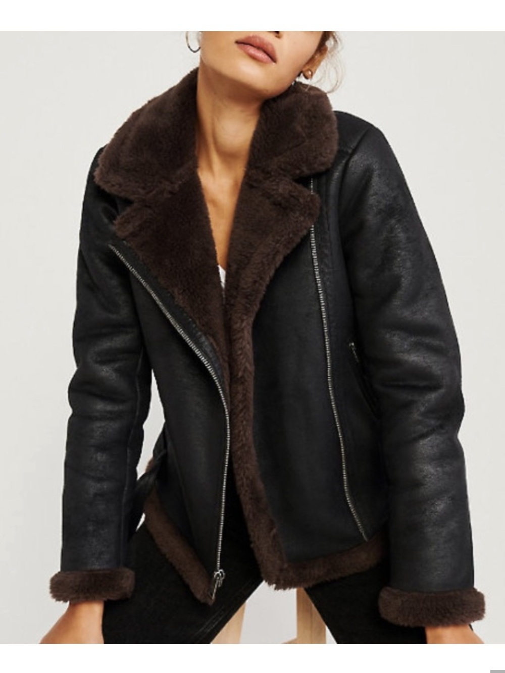 Abercrombie & Fitch Black Jacket with Dark Brown Faux Shearling Trim